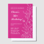 ホッエレガントトピンク30歳の誕生日に白いフローラ ベラム紙招待状 (オフセット)