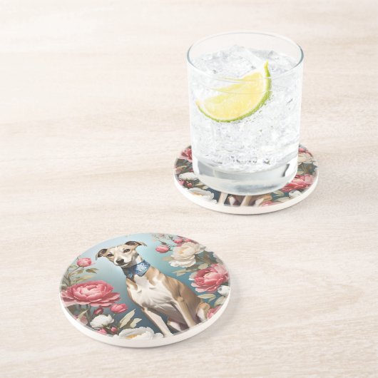 ホッエレガントペット桃色の牡丹の花の青い背景 コースター (側面)