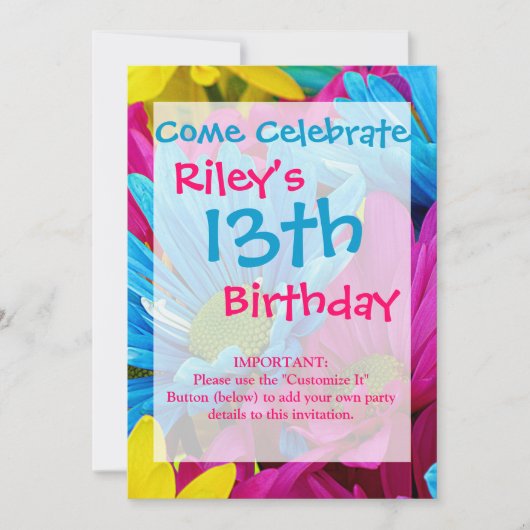 ホッカラフルトピンクティール(緑がかった色)ブルーガーベラデイジーフラワーズ 招待状 (正面)