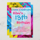 ホッカラフルトピンクティール(緑がかった色)ブルーガーベラデイジーフラワーズ 招待状 (正面/裏面)