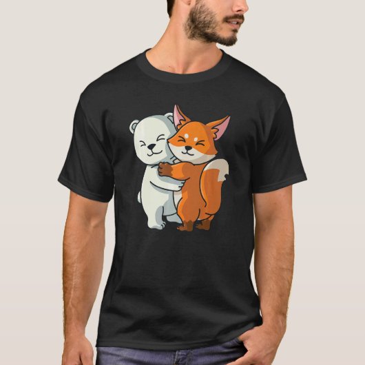 ホッキョクグマとキツネかわいい動物抱き女性少女 Tシャツ (正面)