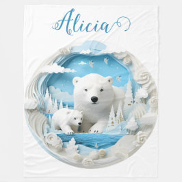 ホッキョクグマとクブ北極海白冬 フリースブランケット