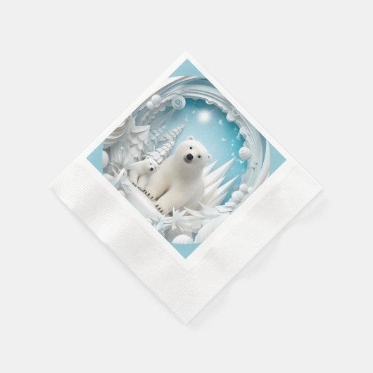 ホッキョクグマとクブ北極海白冬 縁ありカクテルナプキン (角)