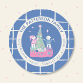 ホッキョクグマとクリスマスツリーブルー封筒用シール ラウンドシール