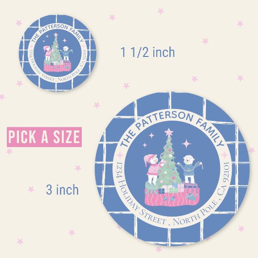 ホッキョクグマとクリスマスツリーブルー封筒用シール ラウンドシール