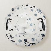 ホッキョクグマとペンギン_円枕 ラウンドクッション (正面)