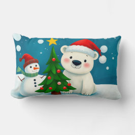 ホッキョクグマと雪だるま祝のクリスマス ランバークッション
