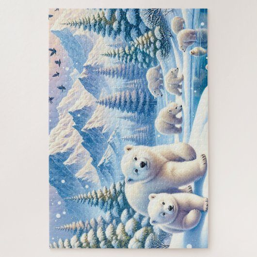 ホッキョクグマと雪の冬の絵を描景色 ジグソーパズル (縦)