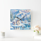 ホッキョクグマと雪の冬の絵を描景色 スクエア壁時計 (ホーム)