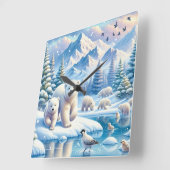 ホッキョクグマと雪の冬の絵を描景色 スクエア壁時計 (傾斜)