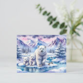 ホッキョクグマと雪の冬の絵を描景色 ポストカード (スタンド正面)