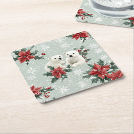ホッキョクグマと雪の結晶がメリークリスマス スクエアペーパーコースター