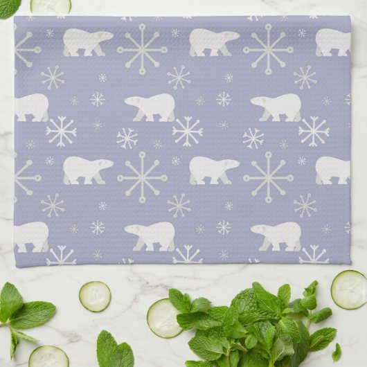 ホッキョクグマと雪片を持つクリスマスパターン キッチンタオル (折り畳み)