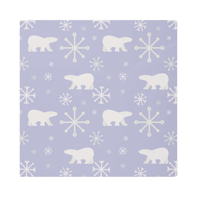 ホッキョクグマと雪片を持つクリスマスパターン メタルプリント (正面)