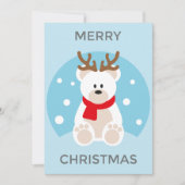 ホッキョクグマのクリスマスカード、鹿の〔雄ジカの〕枝角おもしろいかわいい シーズンカード (正面)