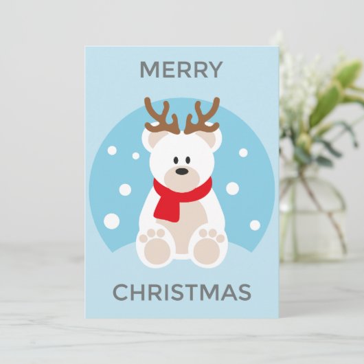 ホッキョクグマのクリスマスカード、鹿の〔雄ジカの〕枝角おもしろいかわいい シーズンカード (スタンド正面)