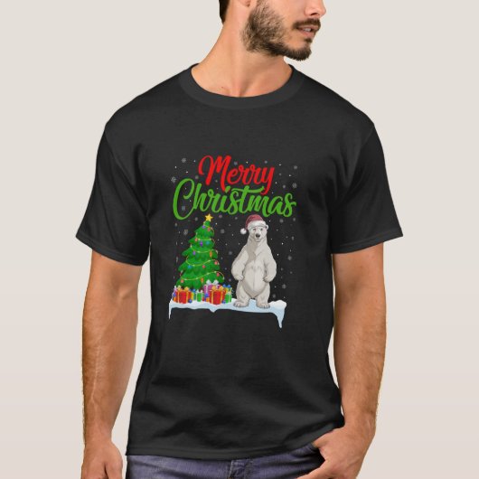 ホッキョクグマのクリスマスツリーのライトおもしろいクリスマスポーラ Tシャツ (正面)