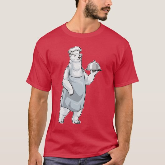 ホッキョクグマのシェフがお皿に料理を盛り付ける Tシャツ (正面)