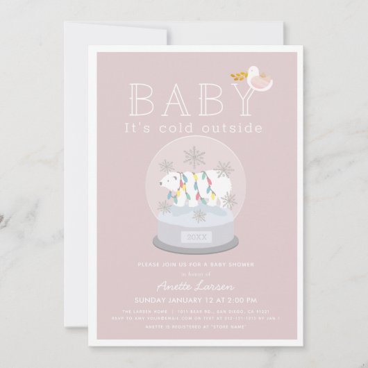 ホッキョクグマのベビーその冷たい外ピンクの赤ちゃんシャワー 招待状 (正面)
