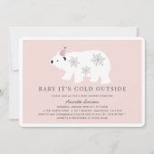 ホッキョクグマのベビーピンク色のベビーシャワー外は寒い 招待状 (正面)