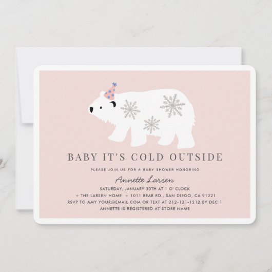 ホッキョクグマのベビーピンク色のベビーシャワー外は寒い 招待状 (正面)