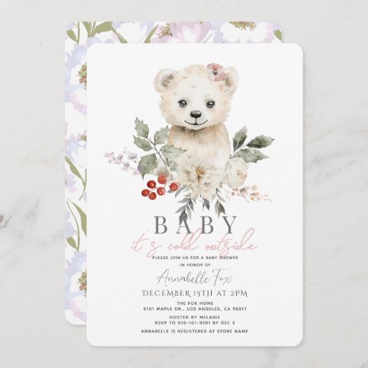 ホッキョクグマのベビー外は寒いベビーシャワー 招待状 (正面/裏面)