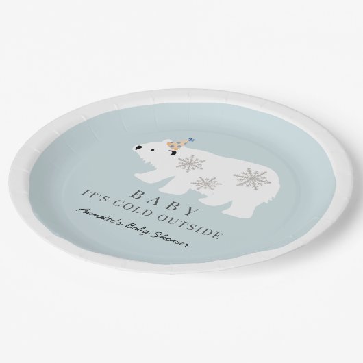 ホッキョクグマのベビー外は寒い青いベビーシャワー ペーパープレート (アングル)