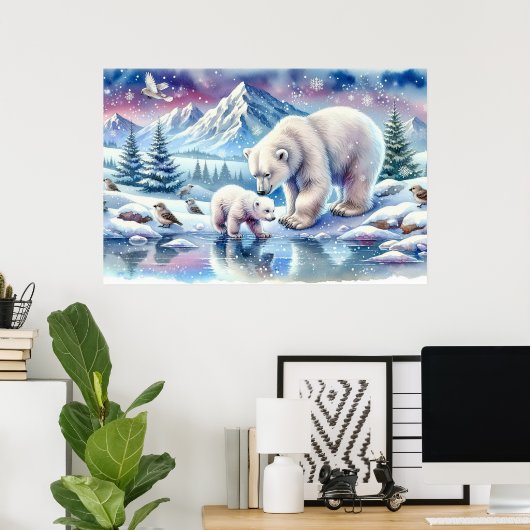 ホッキョクグマの家族 雪景色の絵画 ポスター (ホームオフィス)