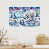 ホッキョクグマの家族 雪景色の絵画 ポスター (キッチン)