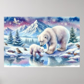 ホッキョクグマの家族 雪景色の絵画 ポスター (正面)