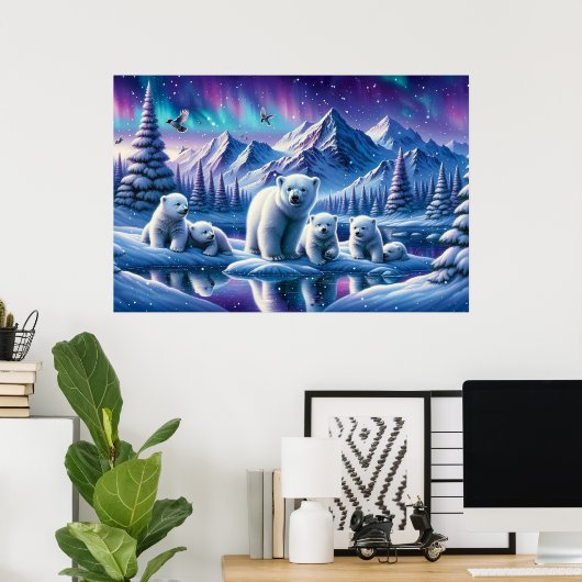 ホッキョクグマの家族 雪景色の絵画 ポスター (ホームオフィス)