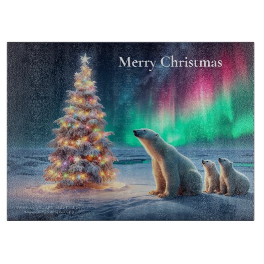 ホッキョクグマの母カブクリスマスツリーノーザンライト カッティングボード (正面)