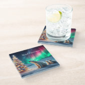 ホッキョクグマの母カブクリスマスツリーノーザンライト ガラスコースター (アングル)