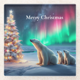 ホッキョクグマの母カブクリスマスツリーノーザンライト ガラスコースター