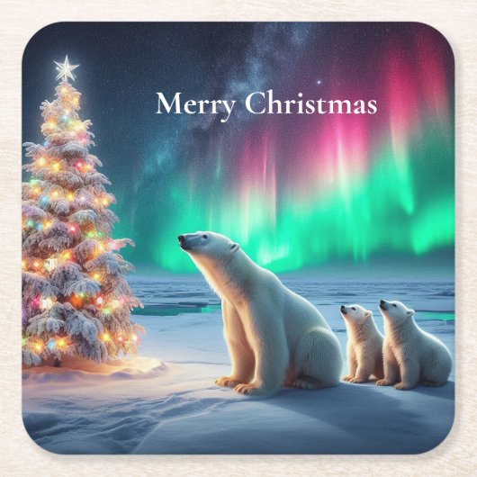 ホッキョクグマの母カブクリスマスツリーノーザンライト スクエアペーパーコースター (正面)