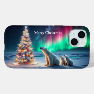 ホッキョクグマの母カブクリスマスツリーノーザンライト iPhone 15ケース