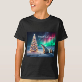 ホッキョクグマの母カブクリスマスツリーノーザンライト Tシャツ