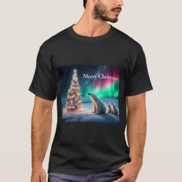 ホッキョクグマの母カブクリスマスツリーノーザンライト Tシャツ