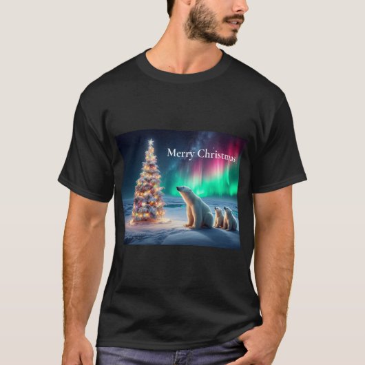 ホッキョクグマの母カブクリスマスツリーノーザンライト Tシャツ (正面)
