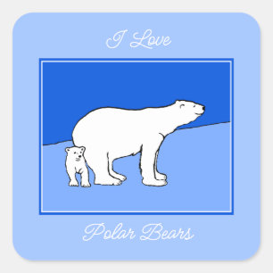 ホッキョクグマの母親と絵画かわいい子たち – Wildlife Art スクエアシール