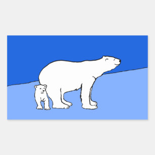 ホッキョクグマの母親と絵画かわいい子たち – Wildlife Art 長方形シール