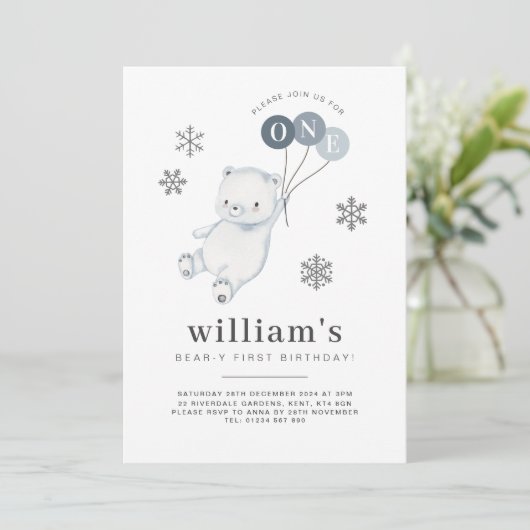ホッキョクグマの気球1st誕生日招待状 招待状 (スタンド正面)