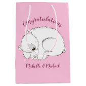 ホッキョクグマの赤ちゃんシャワーピンクの女の子 ミディアムペーパーバッグ (正面)