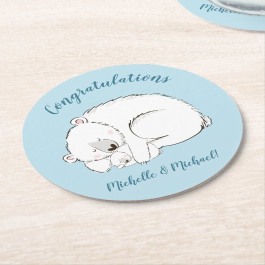 ホッキョクグマの赤ちゃんシャワー冬の青い男の子 ラウンドペーパーコースター (アングル)