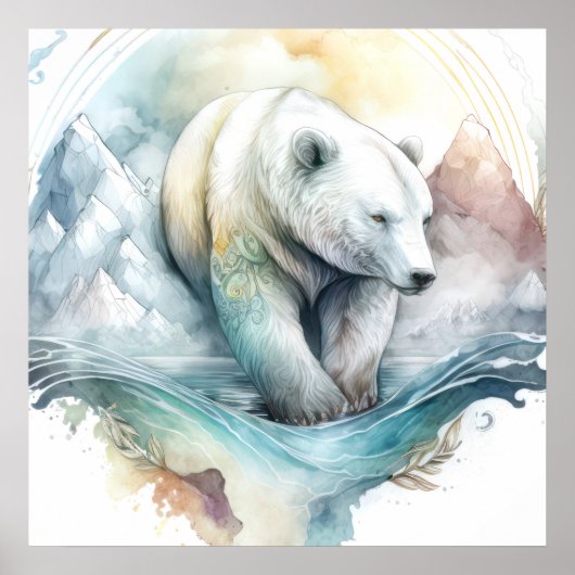 ホッキョクグマポートレート動物絵画の野生動物の雪 ポスター (正面)