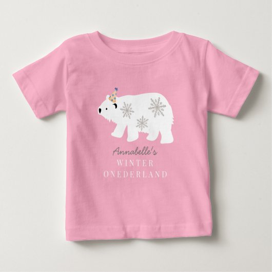 ホッキョクグマ冬のオネダーランドピンク1歳の誕生日 ベビーTシャツ (正面)