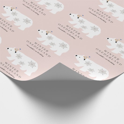 ホッキョクグマ冬のオネダーランドピンク1歳の誕生日 ラッピングペーパー (角)