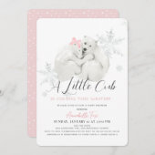 ホッキョクグマ冬のスノーフレークピンクの女の子の赤ちゃんシャワー 招待状 (正面/裏面)