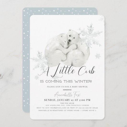 ホッキョクグマ冬のスノーフレークブルーボーイベビーシャワー 招待状 (正面/裏面)