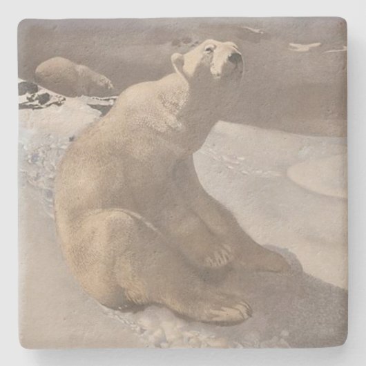 ホッキョクグマ冬の雪ヴィンテージイラストレーショングレー ストーンコースター (正面)